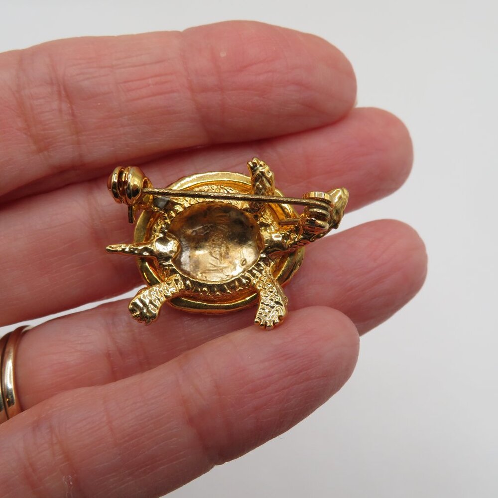 Vintage Green Blue Enamel Rhinestone Accent Gold Tone Turtle Brooch - Picture 3 of 4